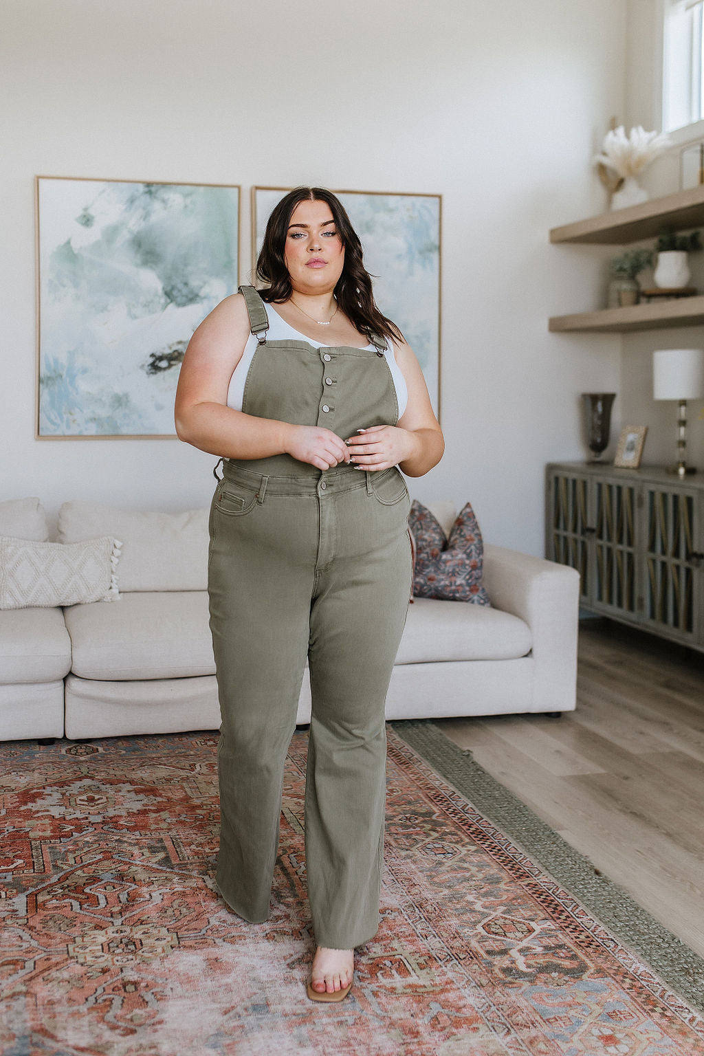 Load image into Gallery viewer, Olivia Control Top Release Hem Overalls in Olive
