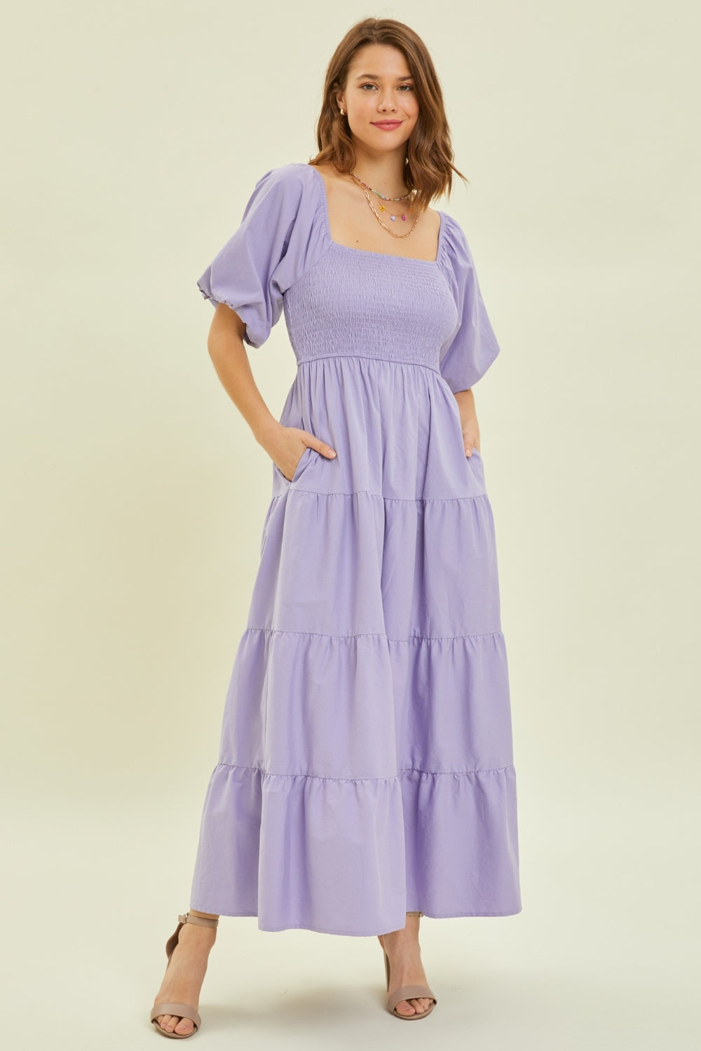 Puff Sleeve Tiered Ruffled Poplin Dress