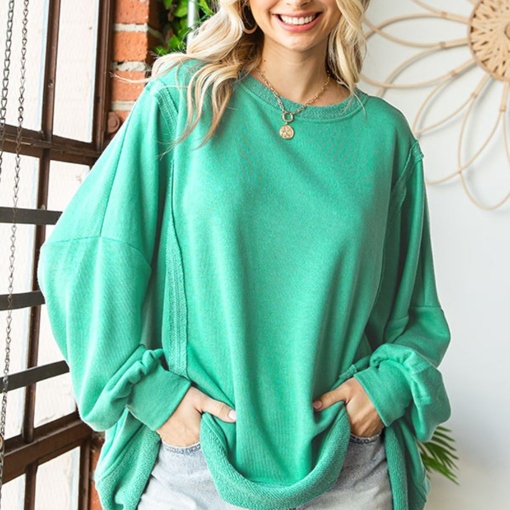 
                      
                        Exposed Seam Round Neck Dropped Shoulder Blouse
                      
                    