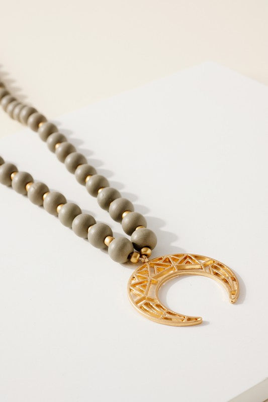 Wood Bead Crescent Pendant Necklace
