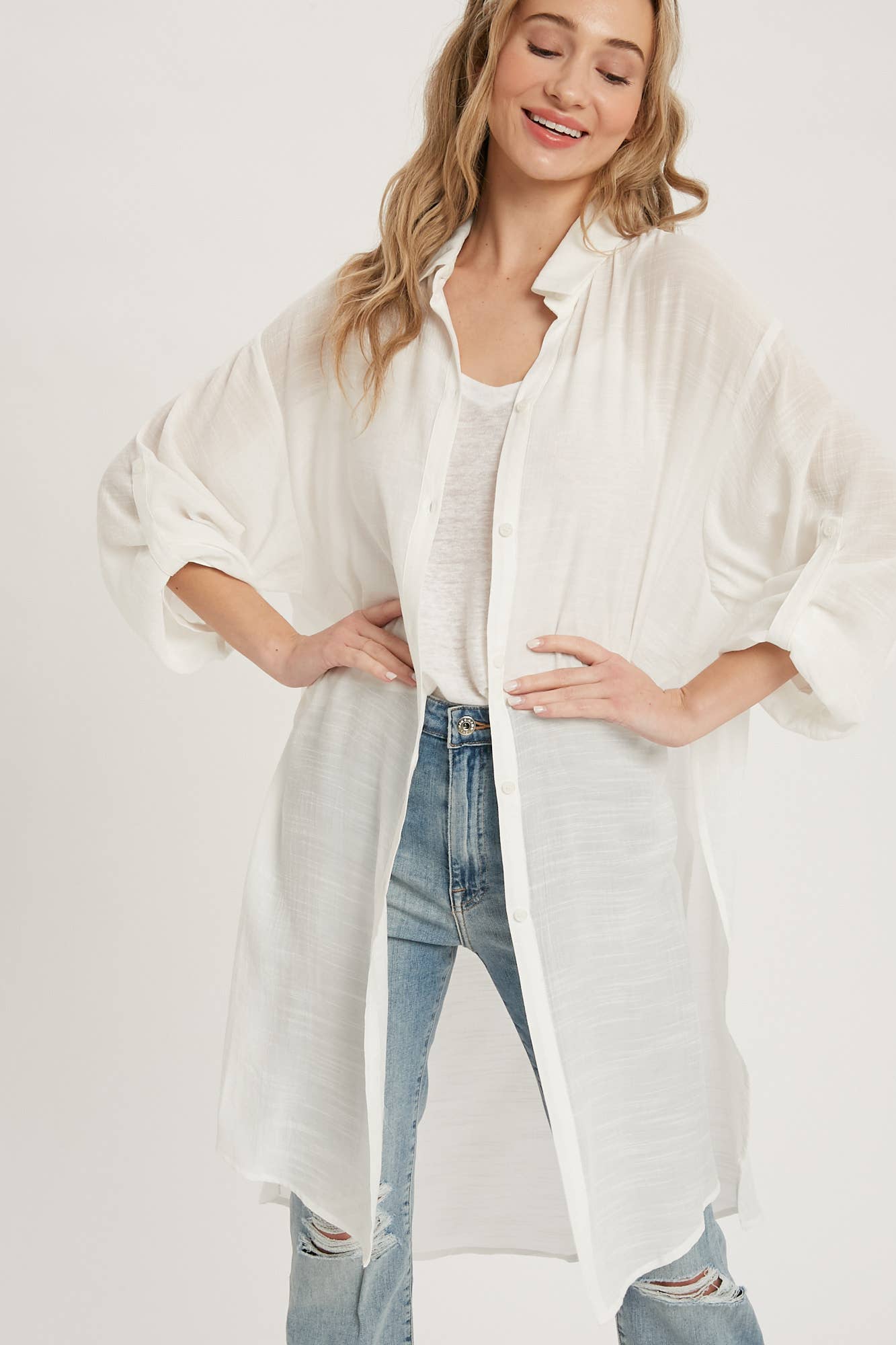 Ivory Long Line Button-Up