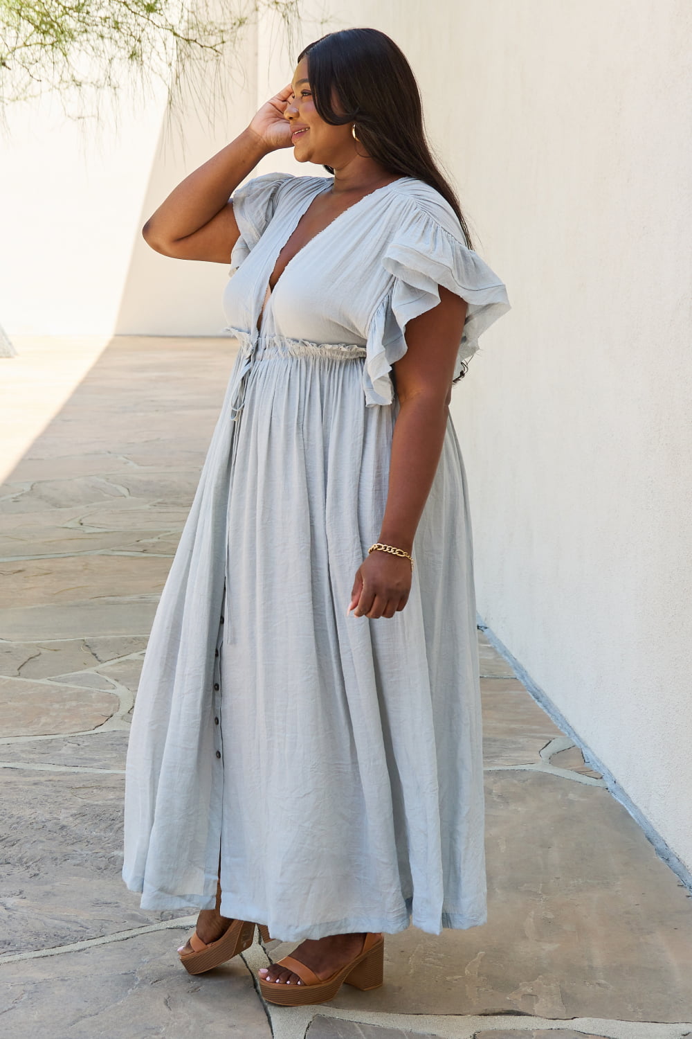 Belle Drawstring Deep V Butterfly Sleeve Maxi Dress