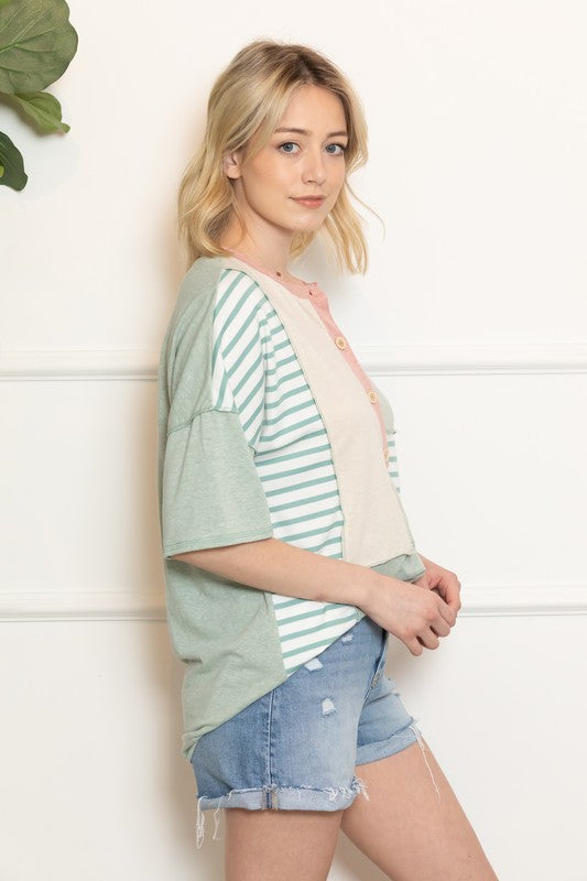 Colorblock Buttoned Knit Top
