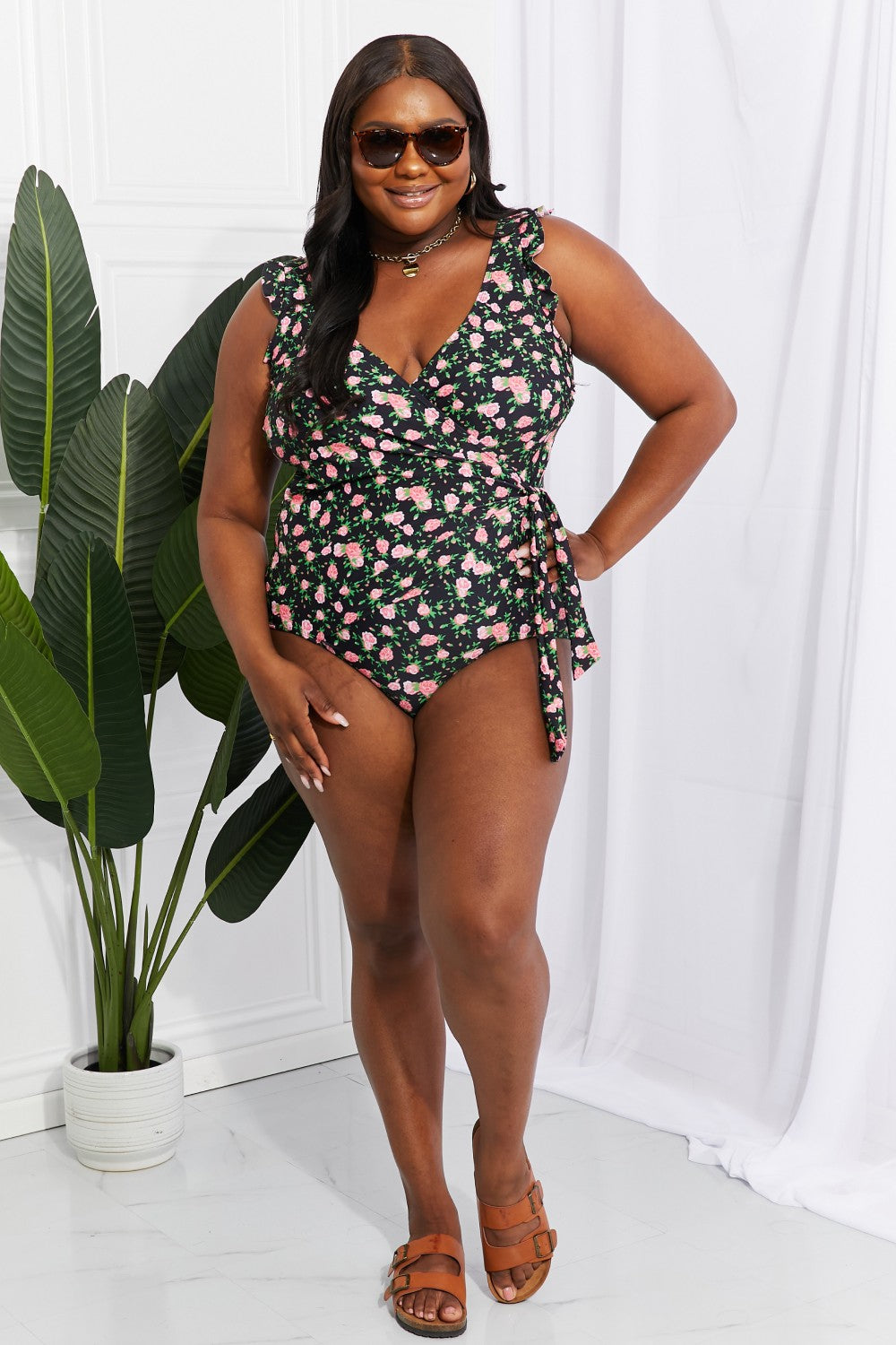 Float On Ruffle Faux Wrap One-Piece in Floral