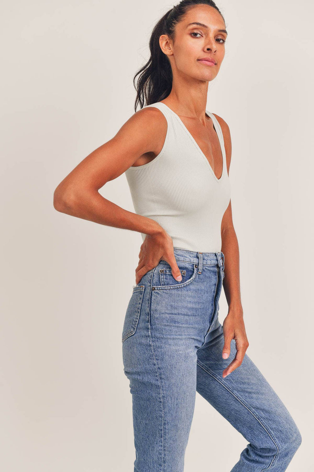 Ribbed Seamless Scoop-Neck Sleeveless Bodysuit