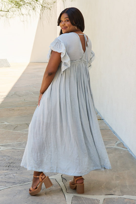 Belle Drawstring Deep V Butterfly Sleeve Maxi Dress
