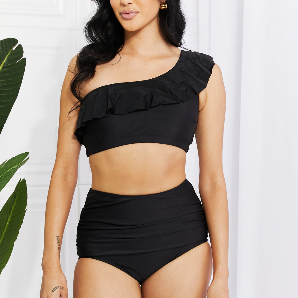 Seaside Romance Ruffle One-Shoulder Bikini in Black