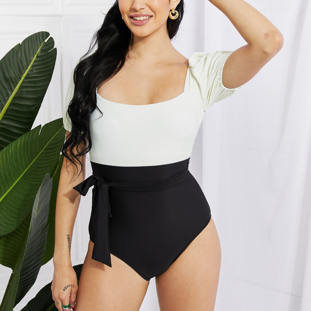 Salty Air Puff Sleeve One-Piece in Cream/Black