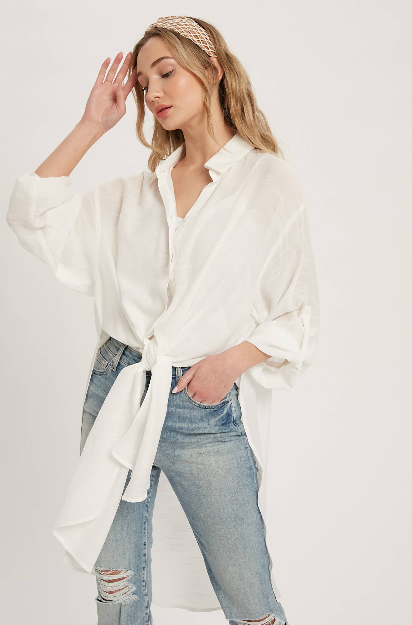Ivory Long Line Button-Up