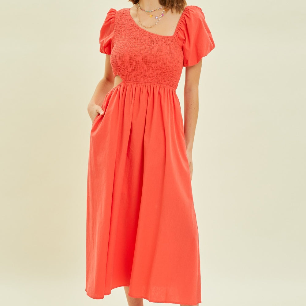 
                      
                        Smocked Cutout Midi Dress
                      
                    