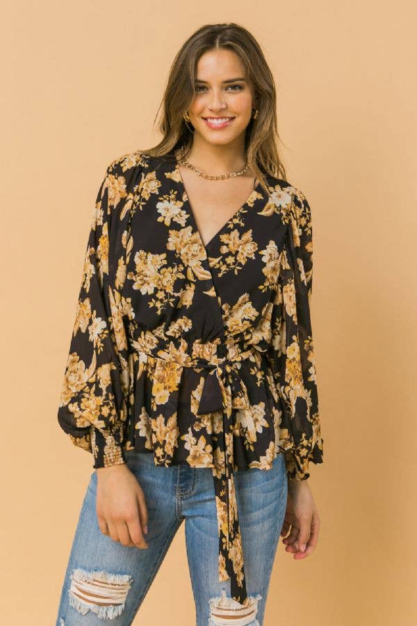 Black & Gold Floral Surplice Peplum Blouse