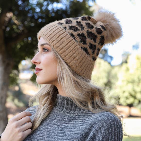 Camel Leopard Knit Pom-Pom Beanie