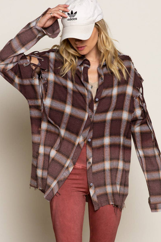 Distressed Plum Button Down Top