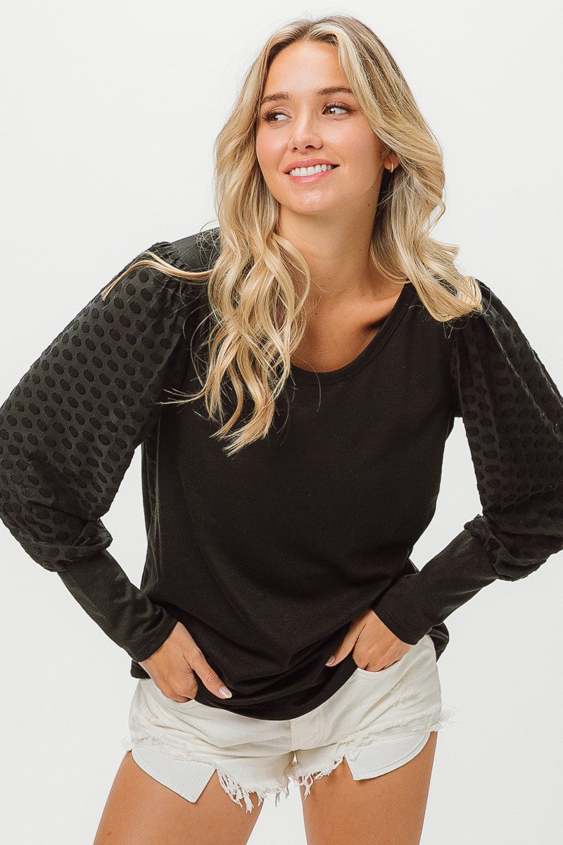 Round Neck Polka Dot Lantern Sleeve Top