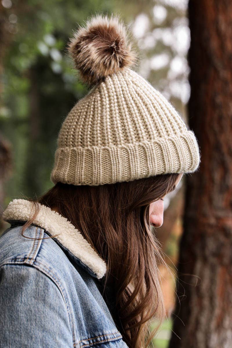 Cream Metallic Rib Knit Pom-Pom Beanie