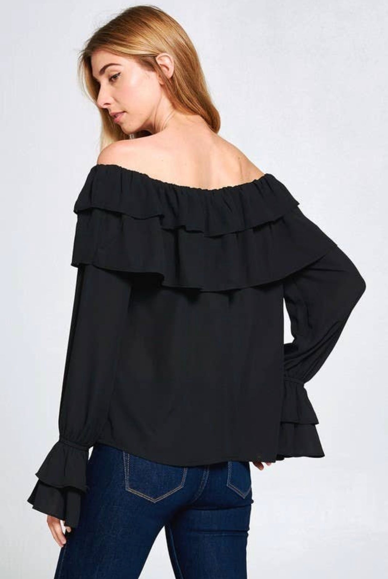 Black Flounce OTS Blouse